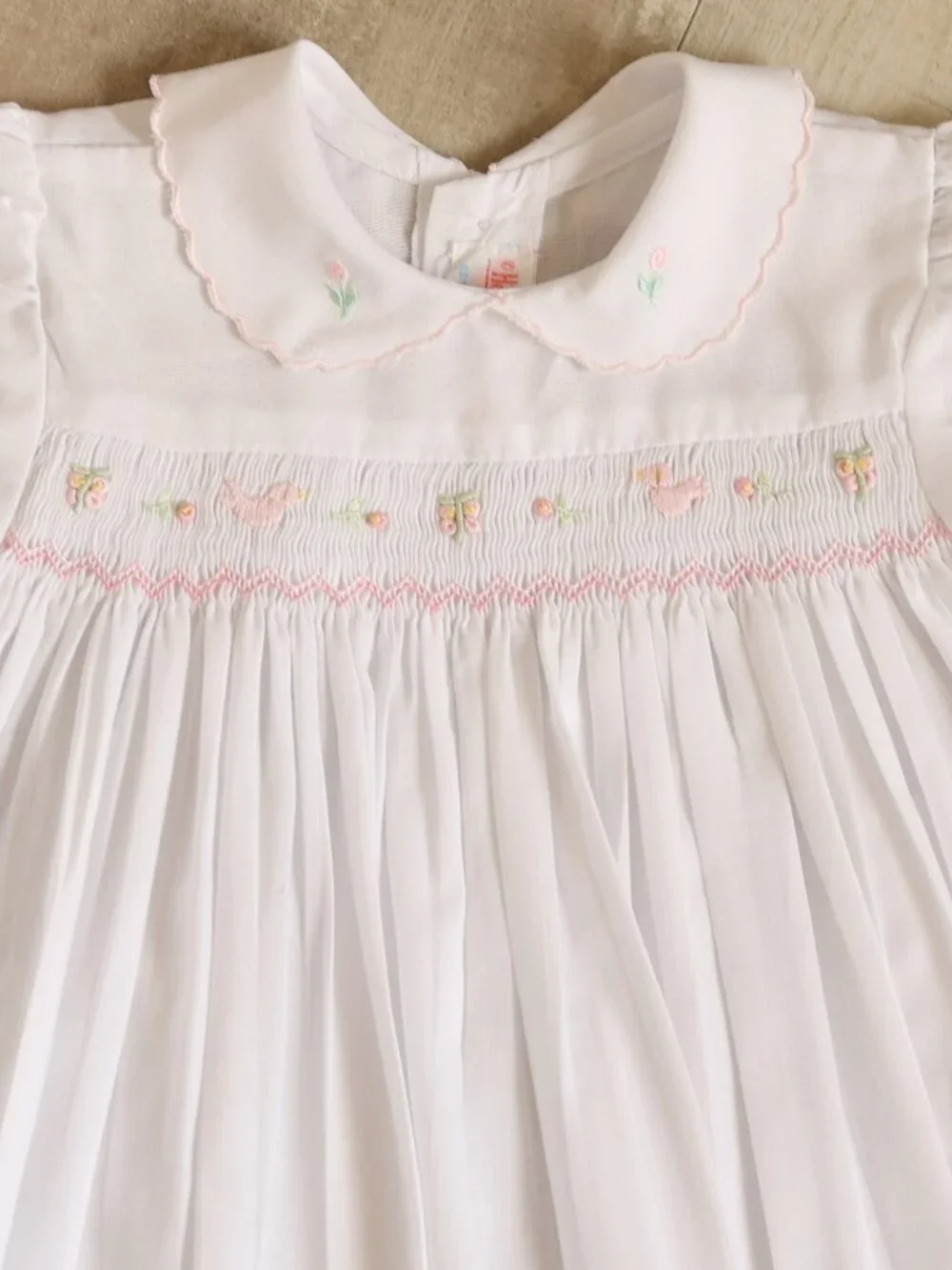 White Smocked Portrait Gown Vintage Duck Scalloped Collar 3 Month RARE FIND